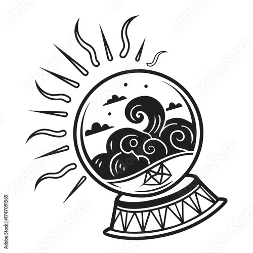 Black and white vector crystal ball with swirling waves and sun rays