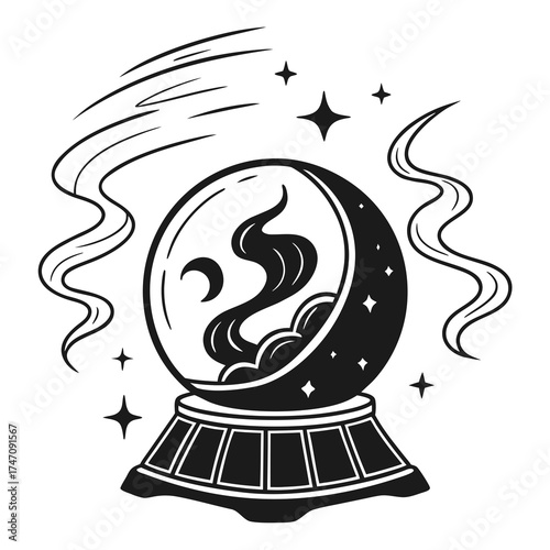 Black crystal ball with moon and smoke vector icon