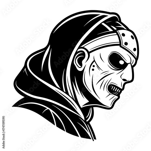 Black horror mask icon with menacing expression black and white