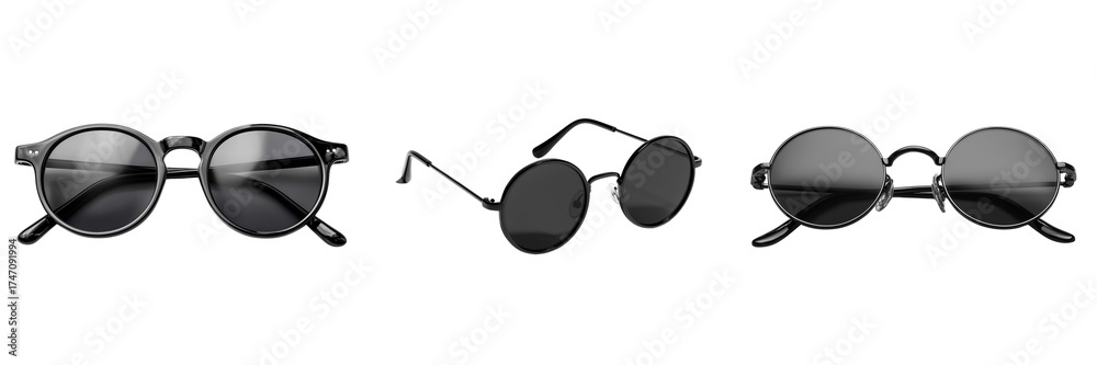 © SHIMA - Set of Modern unisex sunglasses, round frame, polarized lenses, UV protection on transparent png background. Ai generated