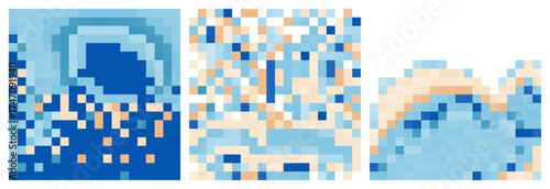 Abstract small blue mosaic tiles backgrounds. Mosaic art. Blue, beige, white vintage ceramic tile pattern set. Ethnic folk ornament collection. Mediterranean porcelain vector illustration.