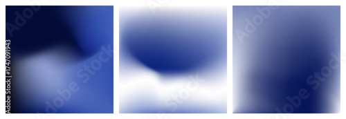 Dark blue gradient backgrounds with soft aura effect. Abstract deep blue blurry vector texture. Square fuzz vector gradients for posters, social media posts, covering. Simple soft dark square bg set