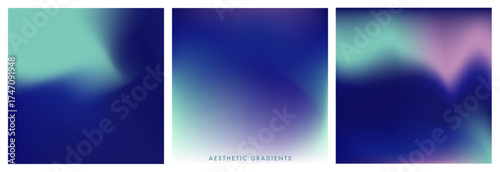 Aurora sky gradient background. Polar night. Dark blue, green, purple color gradation banner. Blurred northern lights fuzz colorful bg. Set of 3 square vector gradients for winter, North Pole designs
