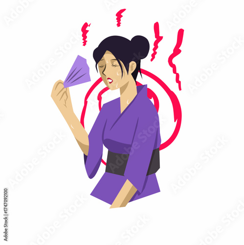 illustration of a Japanese woman wearing a kimono holding a paper fan due to the heat of summer