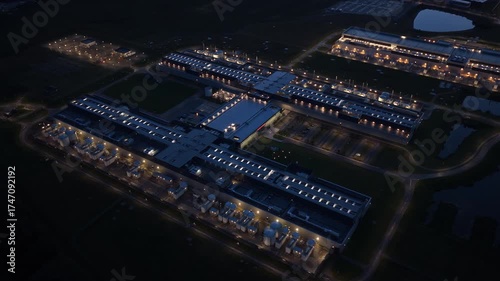 Smart internet services hub with AI-driven data center at dusk.