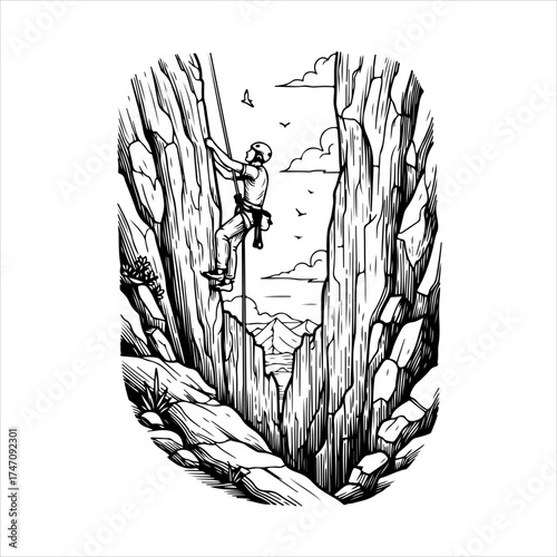 A black and white line art illustration of a person rock climbing up a steep cliff face in a mountain gorge.