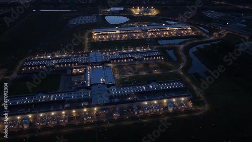 High-tech server farm with artificial intelligence at nightfall.