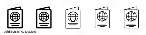 Passport icons in minimal black and white style for travel, identity, and documentation needs, perfect for websites, apps, and print materials about international journeys