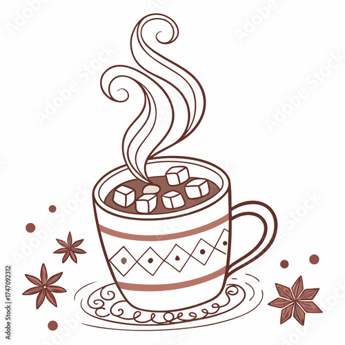 Hot cocoa mug with marshmallows and star anise steam