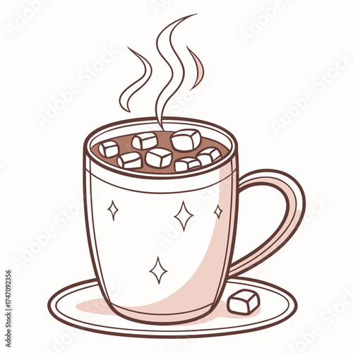 Hot cocoa mug with marshmallows and steam on saucer