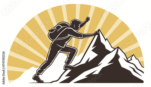 Determined Hiker Climbing Mountain Summit at Sunrise - Adventure Outdoor Illustration