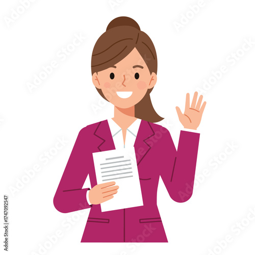Smiling business woman in blazer holding paper waving hand friendly greeting professional image illustration