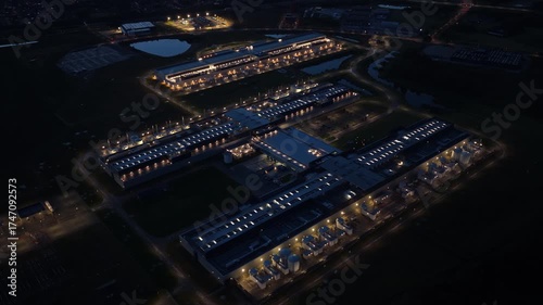 Digital internet backbone and AI server campus lit at night.