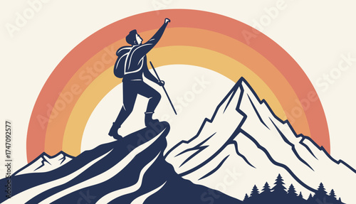 Triumphant Hiker on Mountain Peak with Rainbow - Adventure Nature Illustration