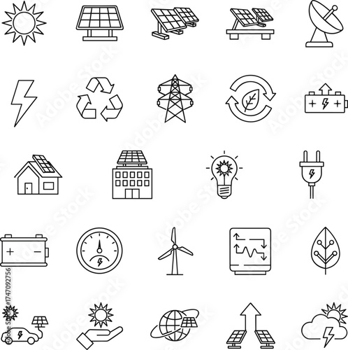 Renewable Energy and Sustainable Technology Outline Icons Set, Solar Power Panels, Wind Turbine, Electric Vehicle, Global Eco-Friendly Solutions, Green Leaf Recycle and Battery Storage.