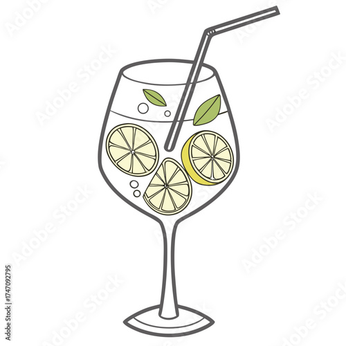 Vector glass of lemonade with citrus slices and straw