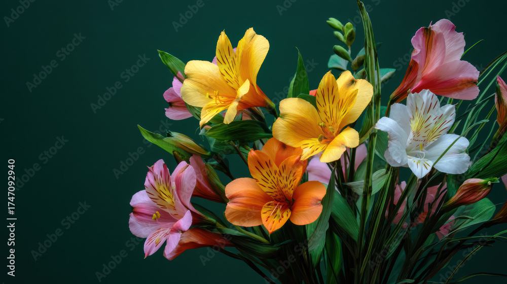 Fototapeta premium A vibrant bouquet of colorful alstroemeria flowers bursts forth against a dark green background, showcasing the beauty of nature's delicate floral arrangement.