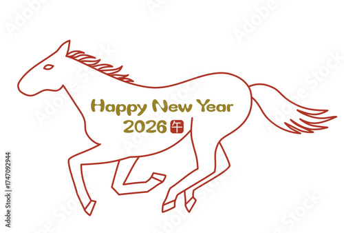 シンプルな線画の走る馬の2026年（午年）年賀状イラスト