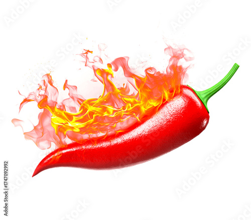 Red hot chili pepper with burning fire flames, spicy food concept, isolated PNG illustration of hot pepper on transparent background for design, cooking, Mexican cuisine, fiery taste element