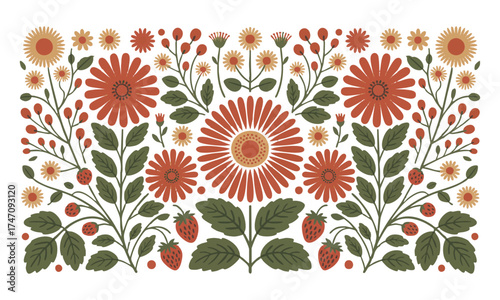 Modern Folk Blossoms Panel – Mustard & Rust Flowers with Sage Foliage, Minimal Vector, textile pattern print, fabric print, easily editable.