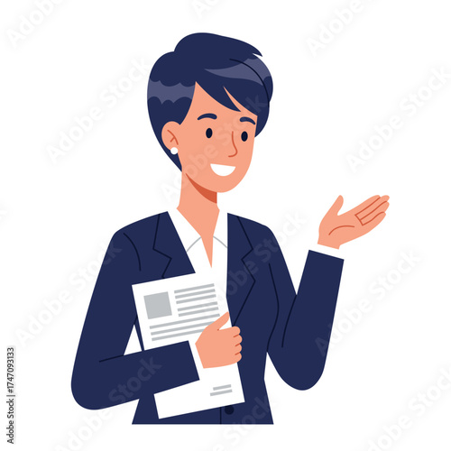 Confident businesswoman holding documents and gesturing actively in a professional setting illustration