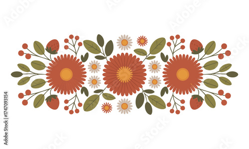 Rust Garden Motifs – Floral & Leaf Vector Panel on White, Minimal Flat, textile pattern print, fabric print, easily editable.
