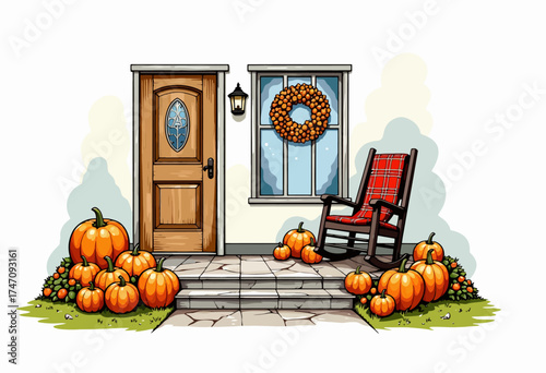 Cozy Autumn Porch Decor with Pumpkins and a Rocking Chair Highlighting Seasonal Warmth and Rustic Charm Underneath the Clear Blue Sky