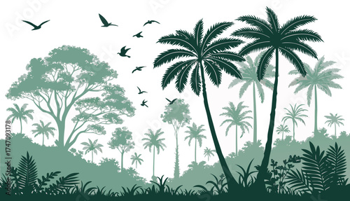 Vibrant Tropical Rainforest with Palm Trees and Birds - Exotic Jungle Landscape Illustration