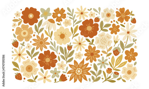 Warm Earthy Floral Icons – Rust Sunbursts, Cream Blooms & Olive Leaves – Vector Panel, floral pattern elements, easily editable.