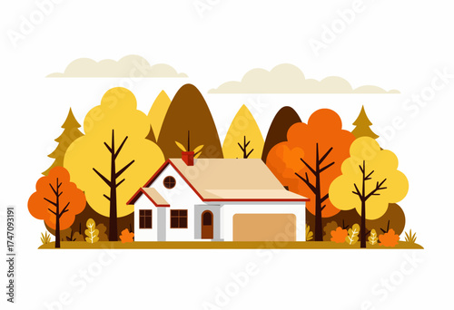 Charming Cottage Surrounded by Lush Autumn Foliage with Vibrant Leaves in a Serene Woodland Setting Under a Soft Cloudy Sky