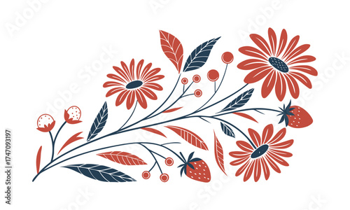Autumn Folk Floral Pattern Panel – Rust, Mustard & Sage – Minimal Flat Vector on White, textile pattern print, fabric print, easily editable.