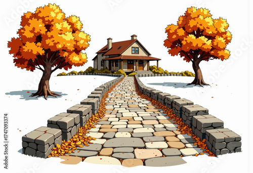 Charming Autumn Cottage with Cobblestone Path Lined by Vibrant Orange and Yellow Trees on a Clear Day