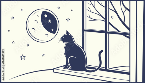 Serene Black Cat Gazing at Crescent Moon and Stars from Window - Nighttime Pet Illustration
