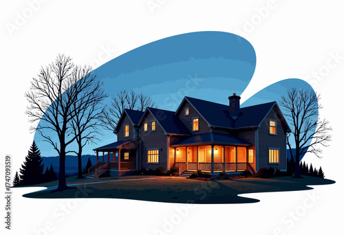 Charming countryside house with warm glowing lights at dusk, surrounded by bare trees against a clear blue sky, exuding tranquility and rustic elegance