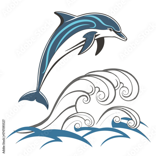 Blue dolphin leaping over stylized ocean waves jumping