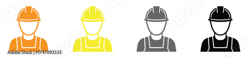 Skilled construction worker icons in vibrant orange, yellow, gray, and black hard hats ready for a productive day on the job site with safety and precision