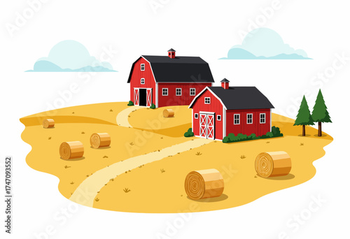 Illustration of Rural Barns and Hay Bales Amidst Rolling Fields with Clear Skies and Minimalistic Trees Evoking a Peaceful, Idyllic Countryside Landscape