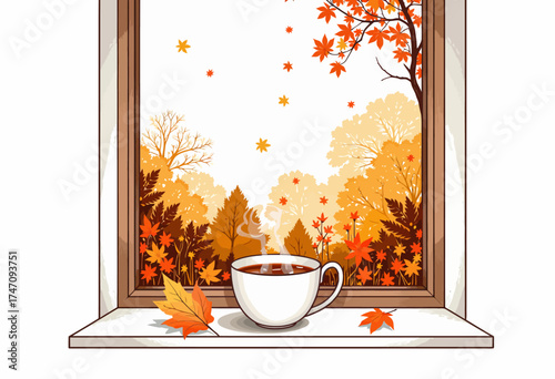 Serene Autumn Scene with Steaming Coffee Cup on Windowsill Overlooking Vibrant Fall Foliage and Falling Leaves in a Tranquil Outdoor Setting