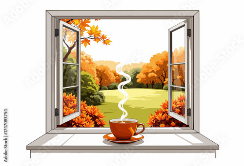 Open Window Overlooking Vibrant Autumn Landscape with a Steaming Cup of Coffee on Sill Capturing the Essence of Relaxation and Nature's Beauty