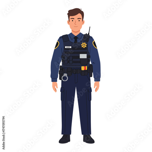 Serious male police officer uniform ready for duty standing front view illustration