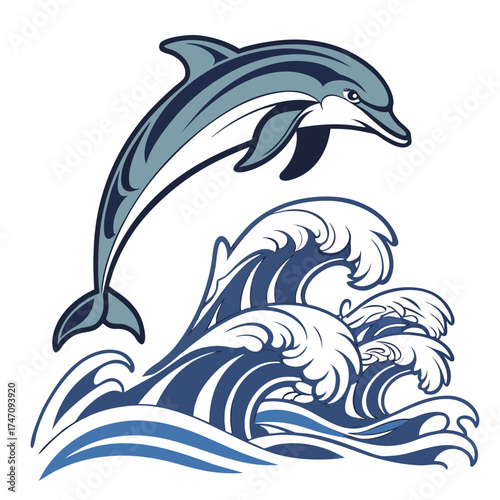 Dolphin leaping over stylized blue ocean waves jumping