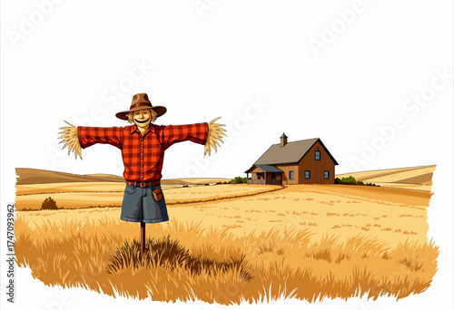 Charming Scarecrow Overlooking a Picturesque Farmhouse and Golden Wheat Field Under a Clear Blue Sky