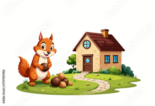 Cheerful Cartoon Squirrel Gathering Nuts Near Quaint Cottage Surrounded by Lush Greenery and Blue Skies in a Whimsical Animated Scene