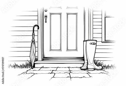 Illustration of a Quaint Porch with Classic Door, Rain Boots, and Umbrella Capturing the Tranquility of a Rainy Day in Monochrome Line Art