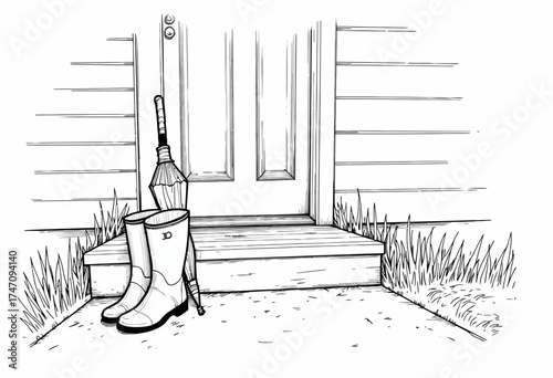 Illustration of a Serene Front Porch Scene with Rain Boots and a Closed Umbrella Resting Against a Lightly Detailed, Wooden Doorframe in a Minimalist Style