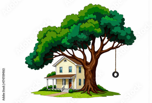 A charming country house nestled under a sprawling, vibrant tree with lush green leaves, featuring a nostalgic tire swing hanging from one of its sturdy branches.