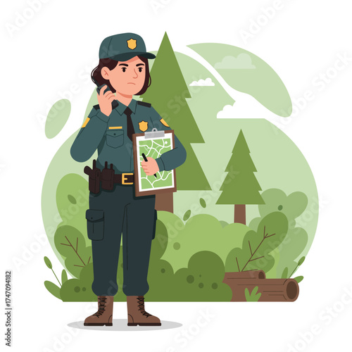 Forest ranger in uniform talking on radio in lush green woodland scene illustration