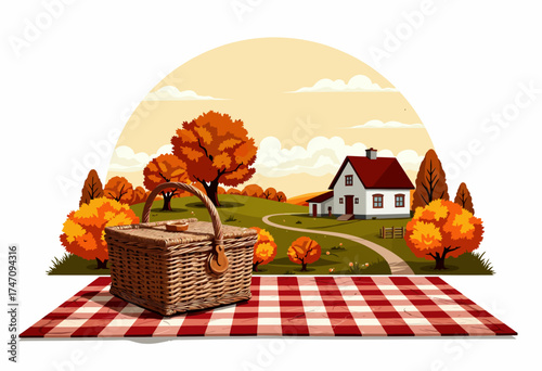 Rustic Autumn Picnic Scene with Wicker Basket and Countryside Cottage Surrounded by Vibrant Fall Foliage and Rolling Hills Under a Soft, Cloudy Sky