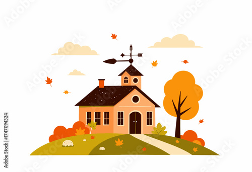 Charming Autumnal Cottage with Rustic Weather Vane Surrounded by Colorful Falling Leaves in a Serene Countryside Setting