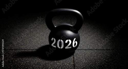 Black kettlebell placed on a dark gym mat with the year 2026 stenciled on it under dramatic lighting. New year fitness resolution and strength training